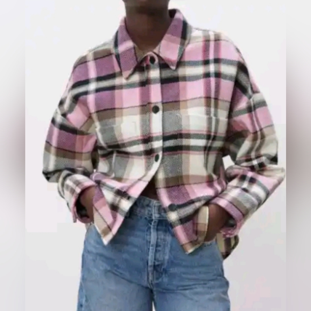 Zara Shacket Womens Size Small Pink Plaid Check Overshirt Oversized Long Sleeve - Picture 2 of 16